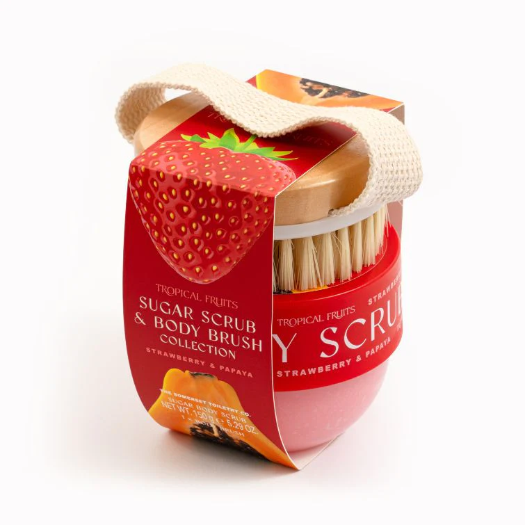 Tropical Fruits Strawberry & Papaya Body Scrub Brush Set 150g - Image 2